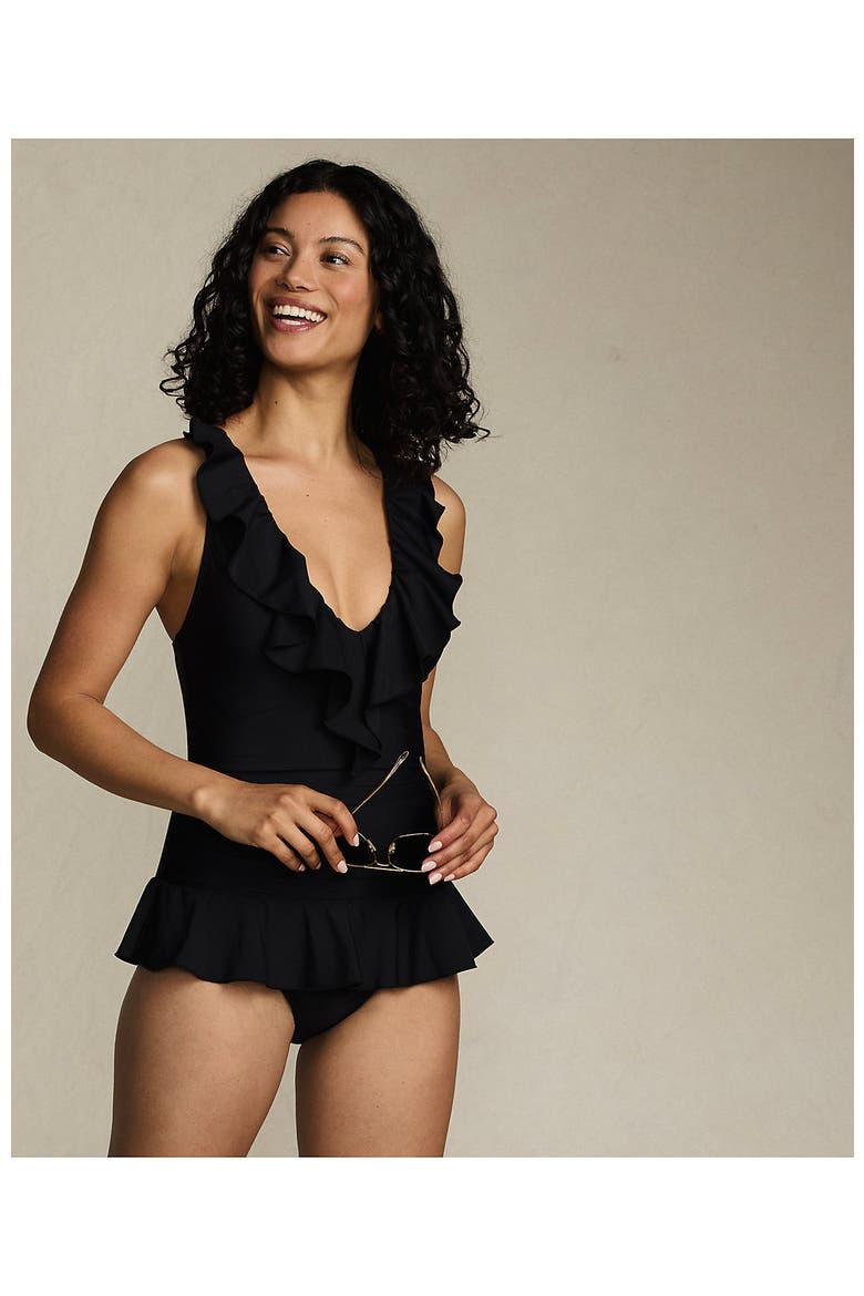 Ruffle Plunge Skirted High Leg One Piece, Alternate, color, Black