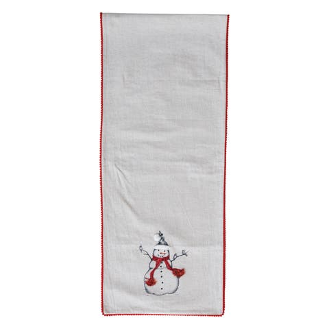 Linen Printed Table Runner with Embroidered Snowman and Bird Image, Applique and Pom Pom Trim, Natural, Red and Black