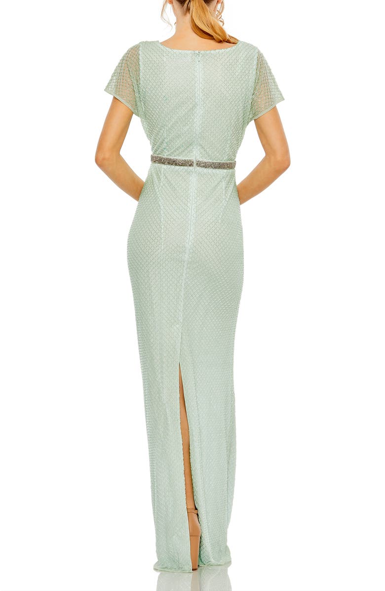 Mac Duggal Short Sleeve Beaded V-Neck Gown, Alternate, color, Sage