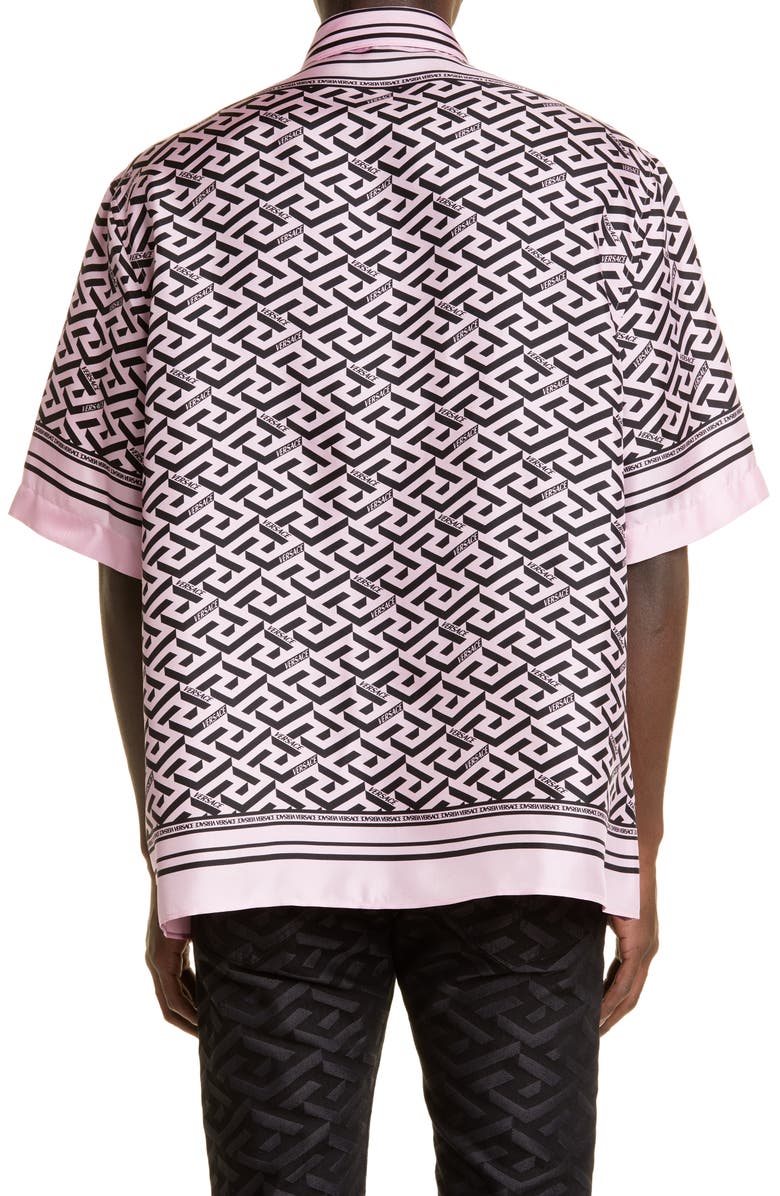 Versace La Greca Print Short Sleeve Silk Button-Up Shirt, Alternate, color,