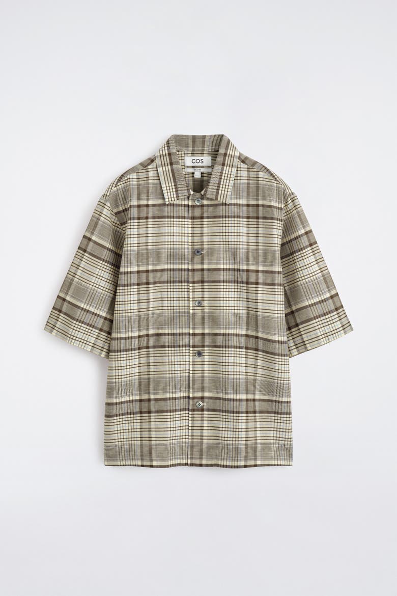 Checked Linen-blend Short-sleeved Shirt, Alternate, color, BEIGE / CHECKED