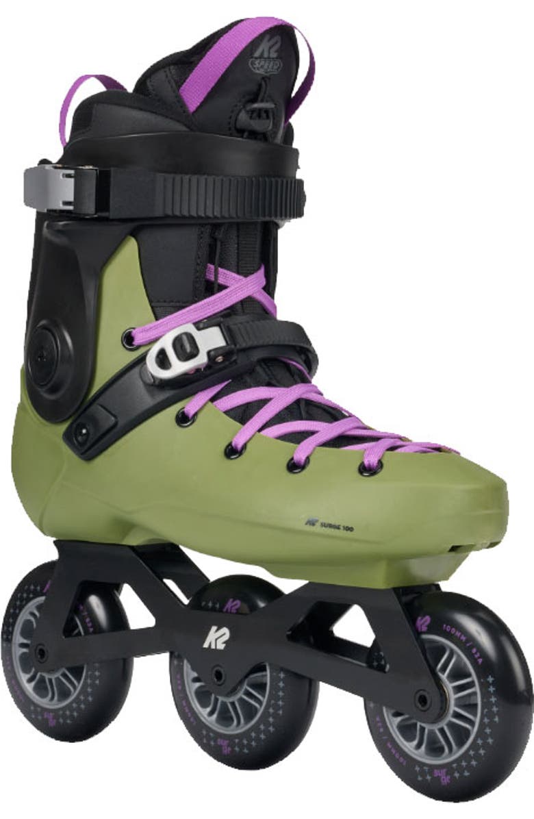 K2 Surge 100 3 Wheel Inline Skates for Men Women Adult, Unisex Street Fitness Roller Skate Blades, Main, color, Olive/Purple