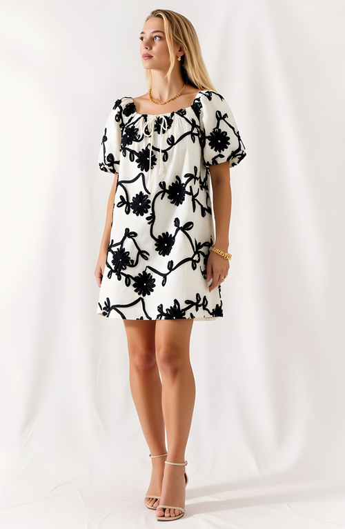 Modenaire Textured Floral Mini Dress With Puff Sleeves And Tie Neckline In Multi