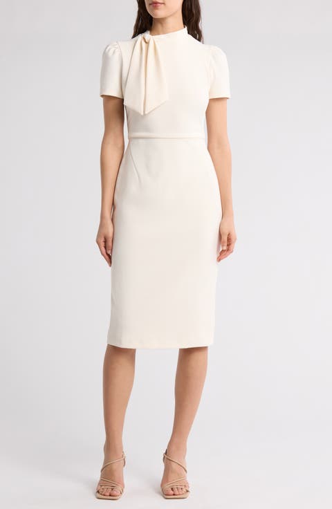 Tie Neck Puff Sleeve Scuba Crepe Dress
