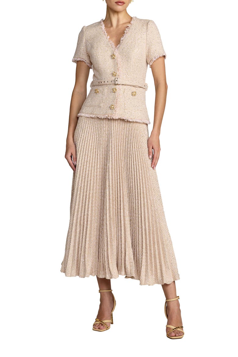 Buttoned Bouclé Pleated Midi Dress, Main, color, Blush