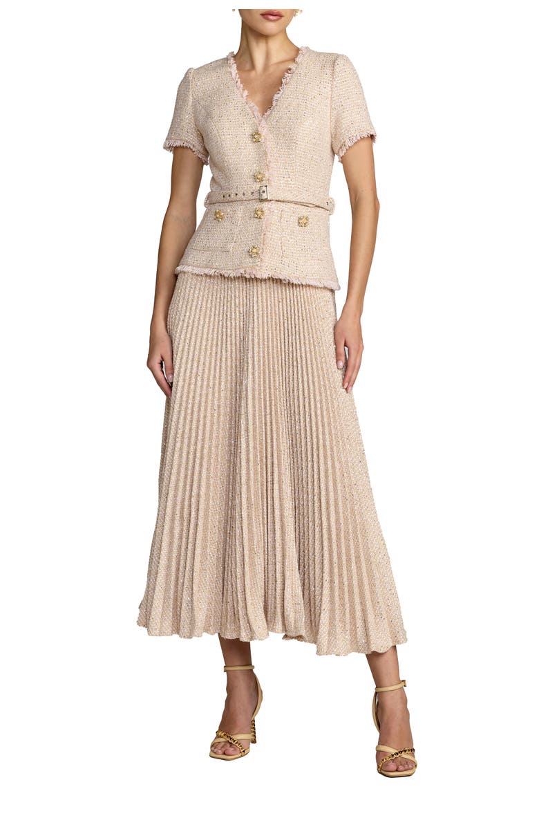Mac Duggal Buttoned Bouclé Pleated Midi Dress, Main, color, Blush