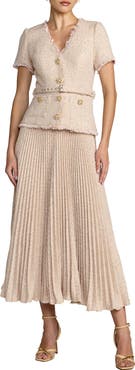 Mac Duggal Buttoned Bouclé Pleated Midi Dress