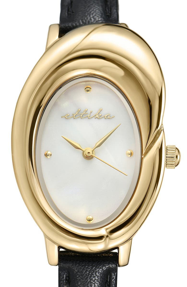 Ettika Sculpted Oval Leather Strap Watch, Alternate, color, Black And Gold