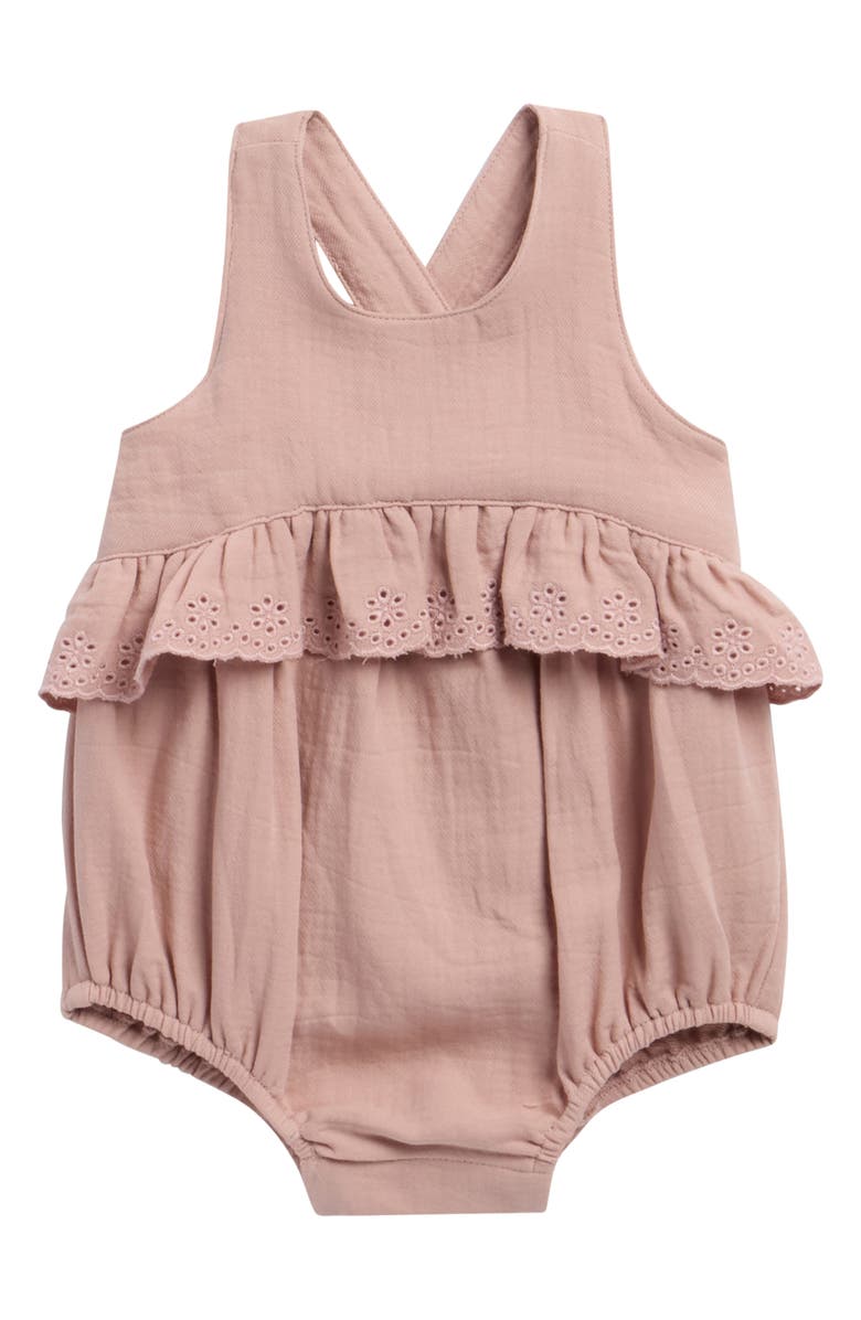 QUINCY MAE Penny Embroidered Ruffle Trim Romper, Main, color, Mauve