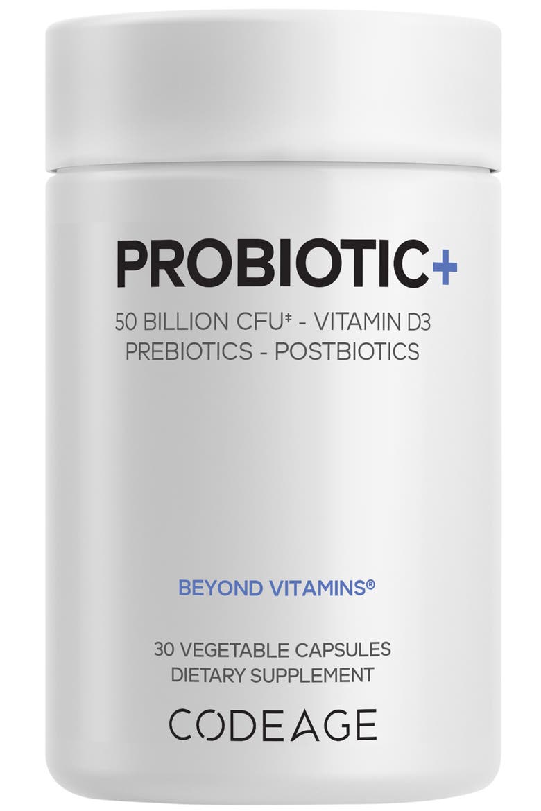 Probiotic+ 50B CFU, 12 Strains, Prebiotic Fiber, Postbiotics Supplement, Main, color, White