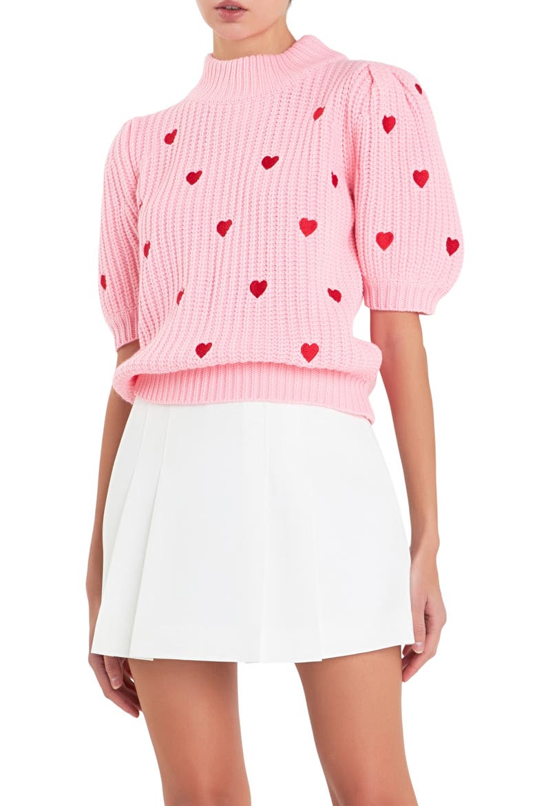 Heart Embroidered Puff Sleeve Sweater, Main, color, PINK