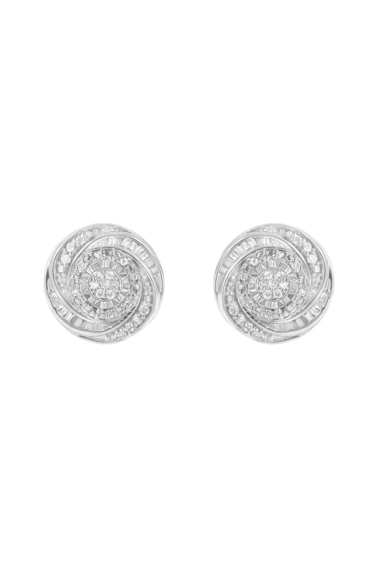 Silver 1/4 Ct Baguette and Round Diamond Swirl Love Knot Stud Earrings, Alternate, color, White