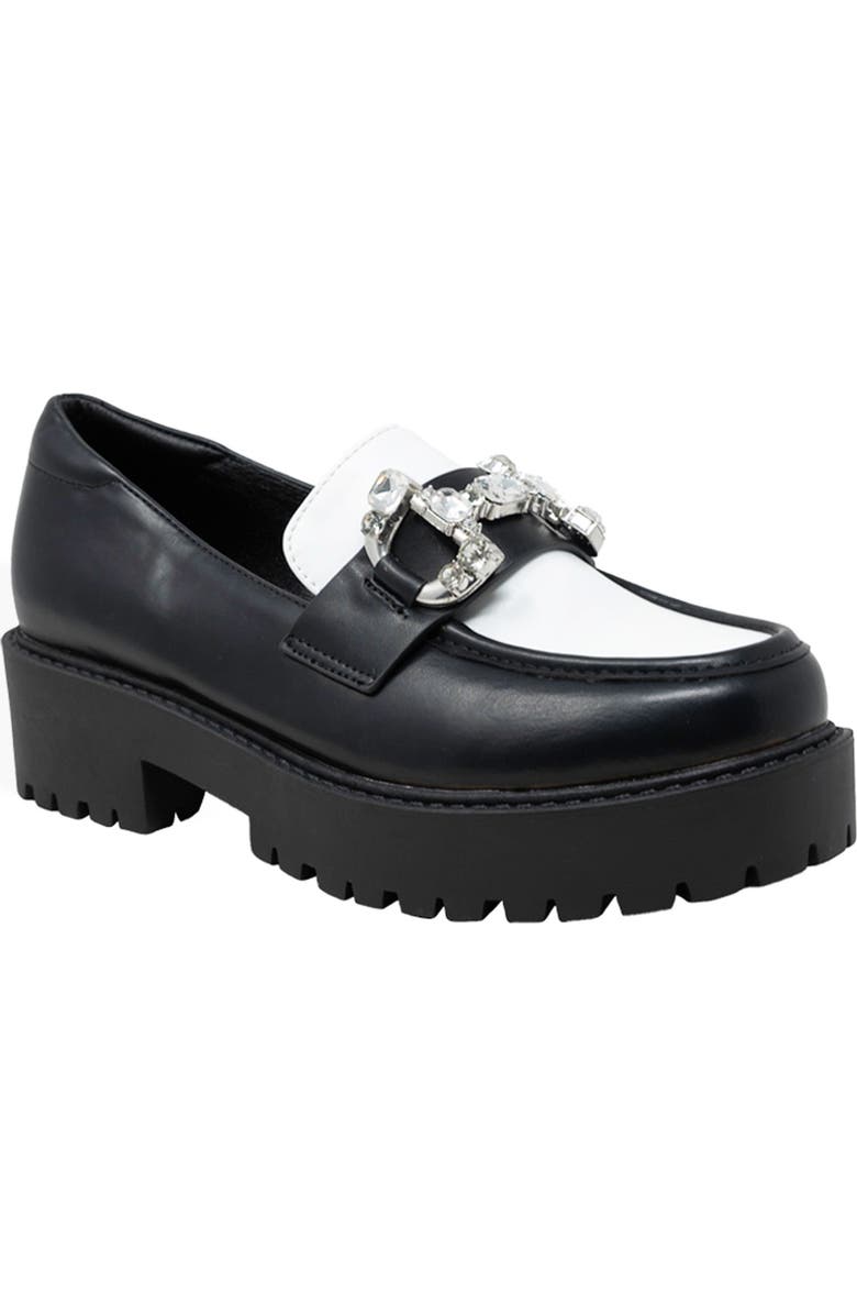 CHASE AND CHLOE Rhinestone Bit Platform Loafer, Main, color, Black/ White