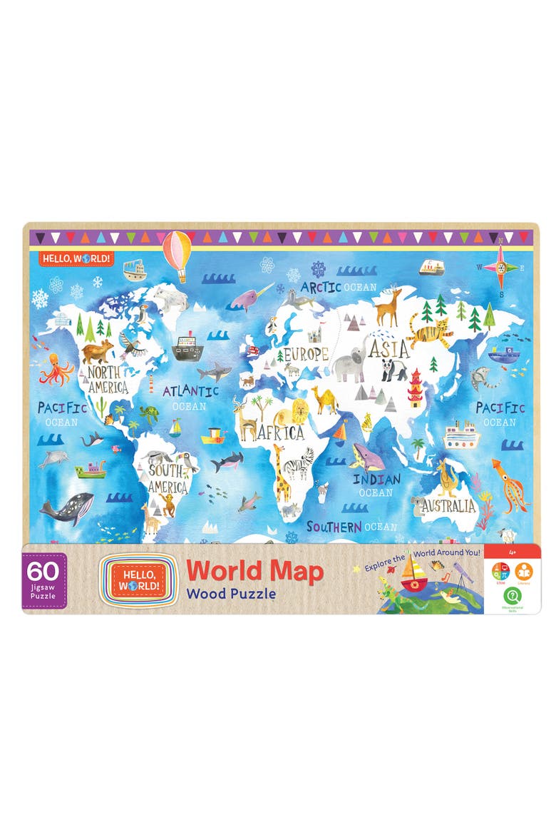 Hello, World! World Map 60pc Wood Puzzle, Main, color, Multicolor