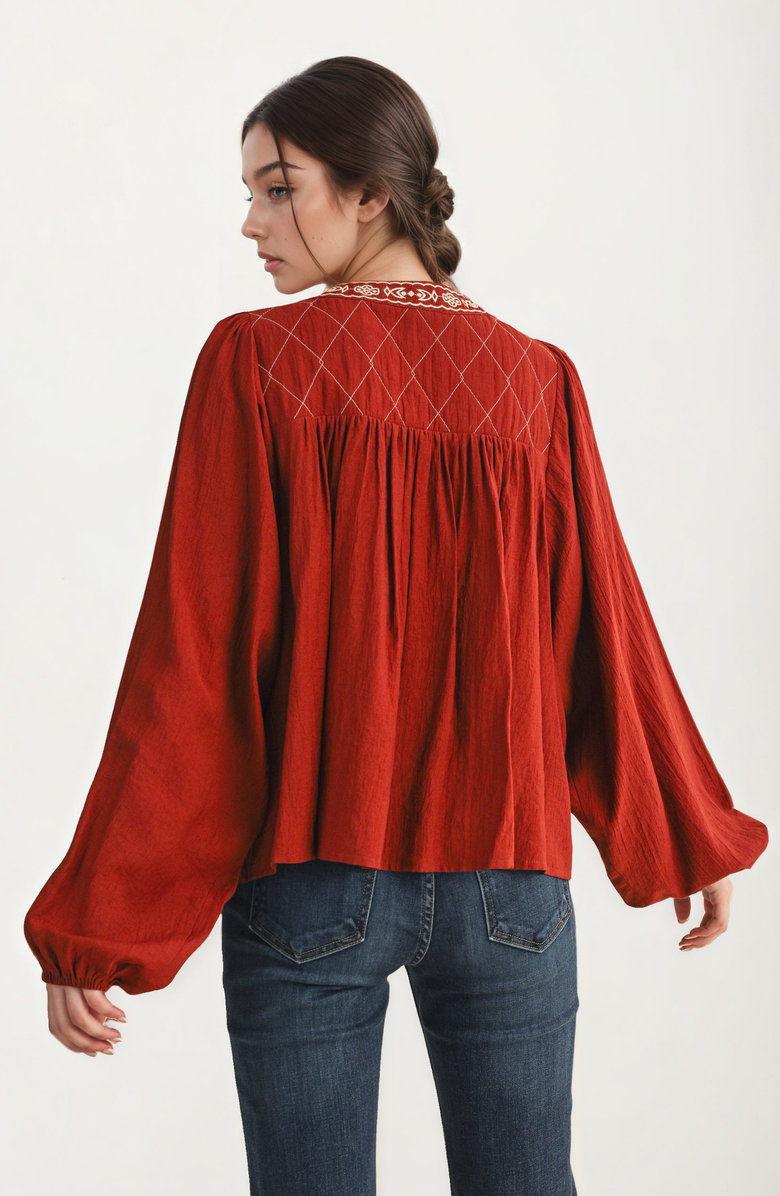 Knit and Lounge Embroidered Yoke Tie Neckline Flowy Long Sleeve Blouse, Alternate, color, 