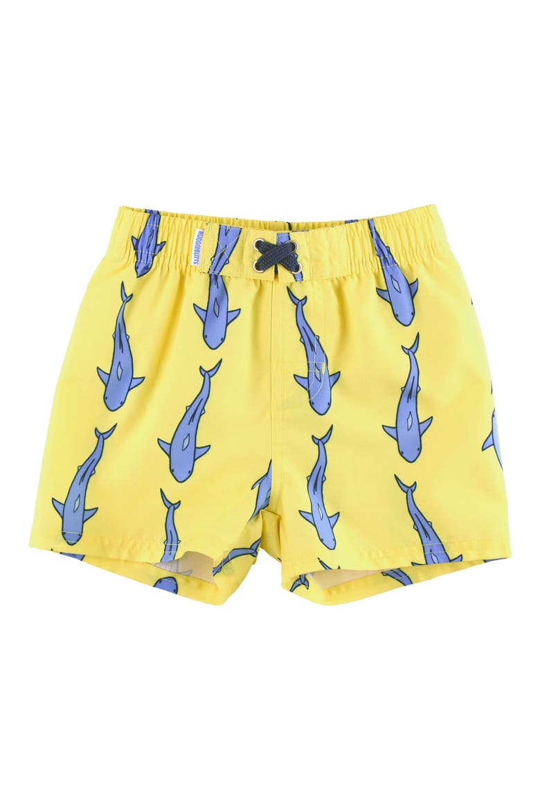 Kids' Shark Print Swim Trunks, Main, color, YELLOW