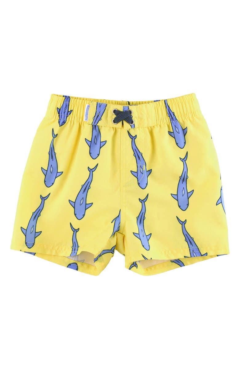 RuggedButts Kids' Shark Print Swim Trunks, Main, color, Yellow