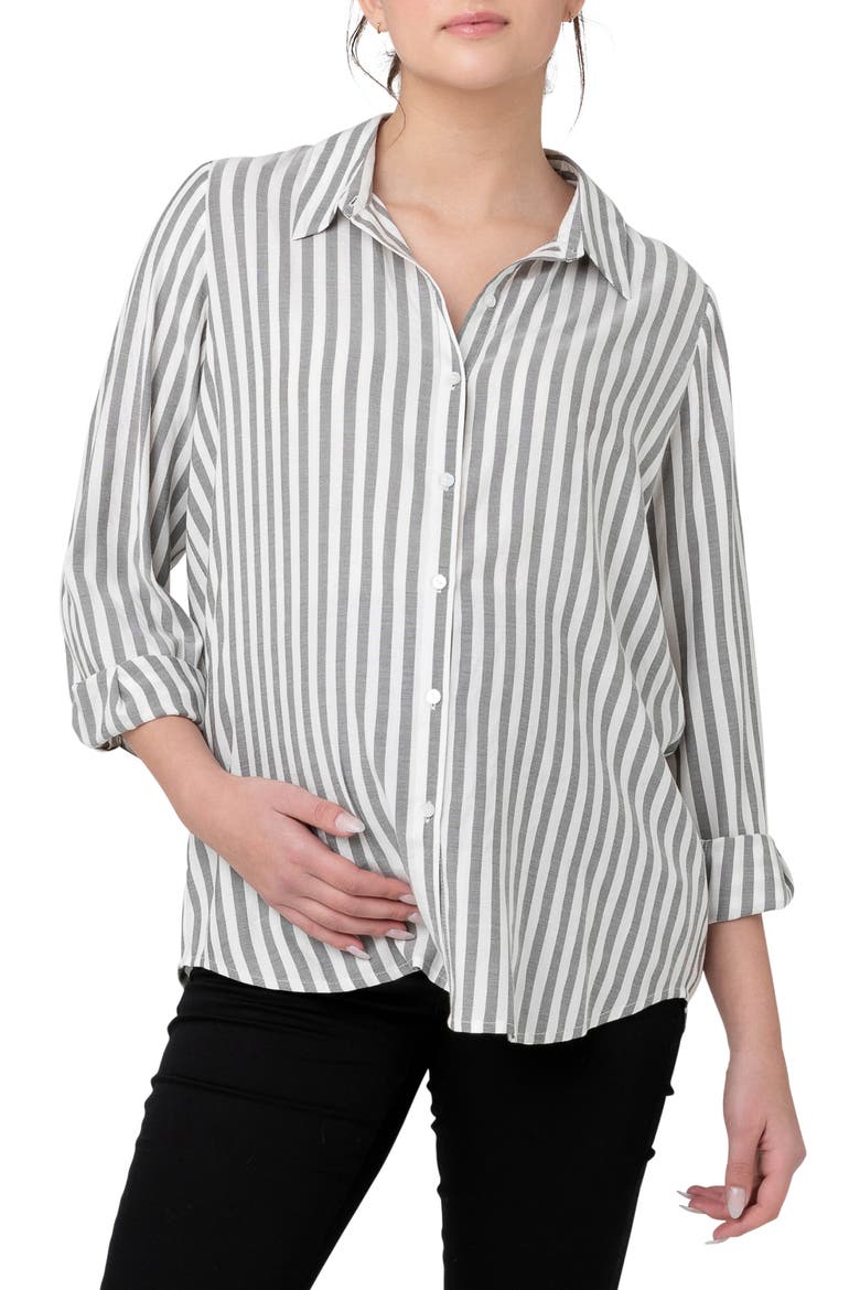Lou Stripe Maternity/Nursing Button-Up Shirt, Main, color, BLACK / WHITE