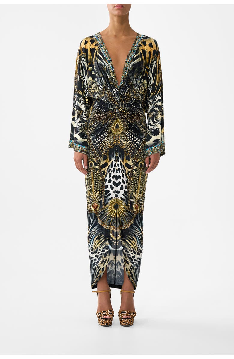 Camilla Long Split Front Twist Dress, Main, color, Feline Folklore
