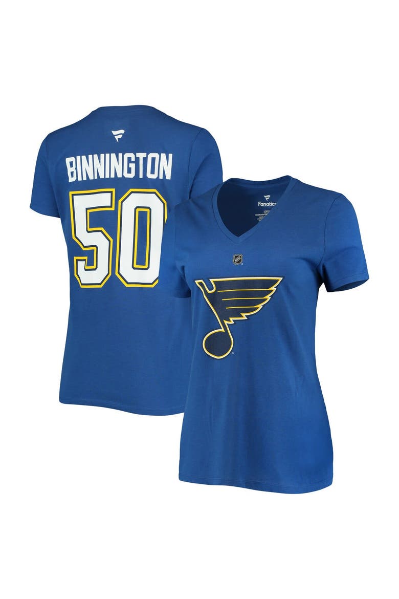 Women's Fanatics Branded Jordan Binnington Blue St. Louis Blues Team Authentic Stack Name & Number V-Neck T-Shirt, Main, color, Blue
