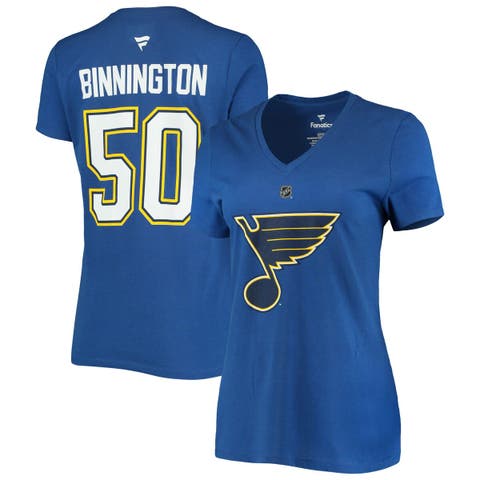 Women's Fanatics Branded Jordan Binnington Blue St. Louis Blues Team Authentic Stack Name & Number V-Neck T-Shirt