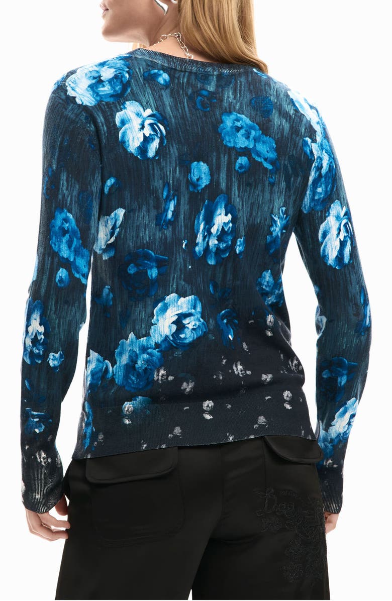 Desigual Floral Fine Gauge Crewneck Sweater, Alternate, color, Black/ Blue