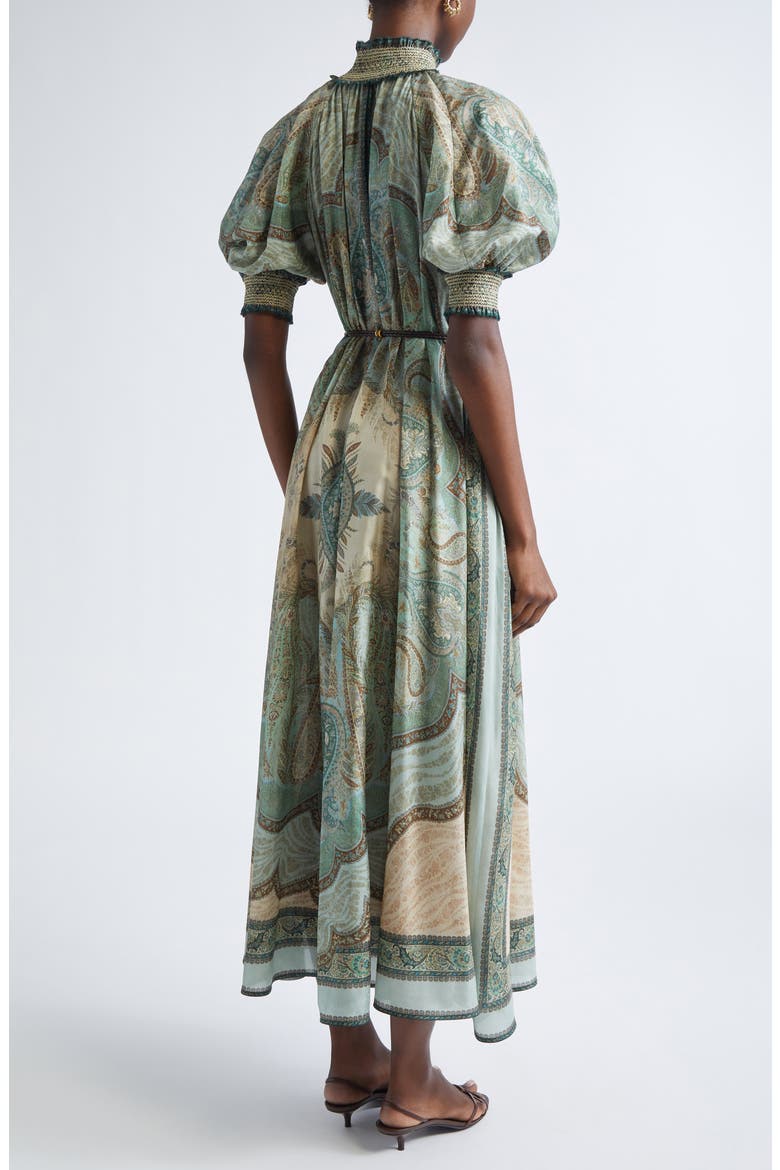 Wanderlust Paisley Billow Sleeve Belted Silk Maxi Dress, Alternate, color, TAPESTRY TEAL MULTI