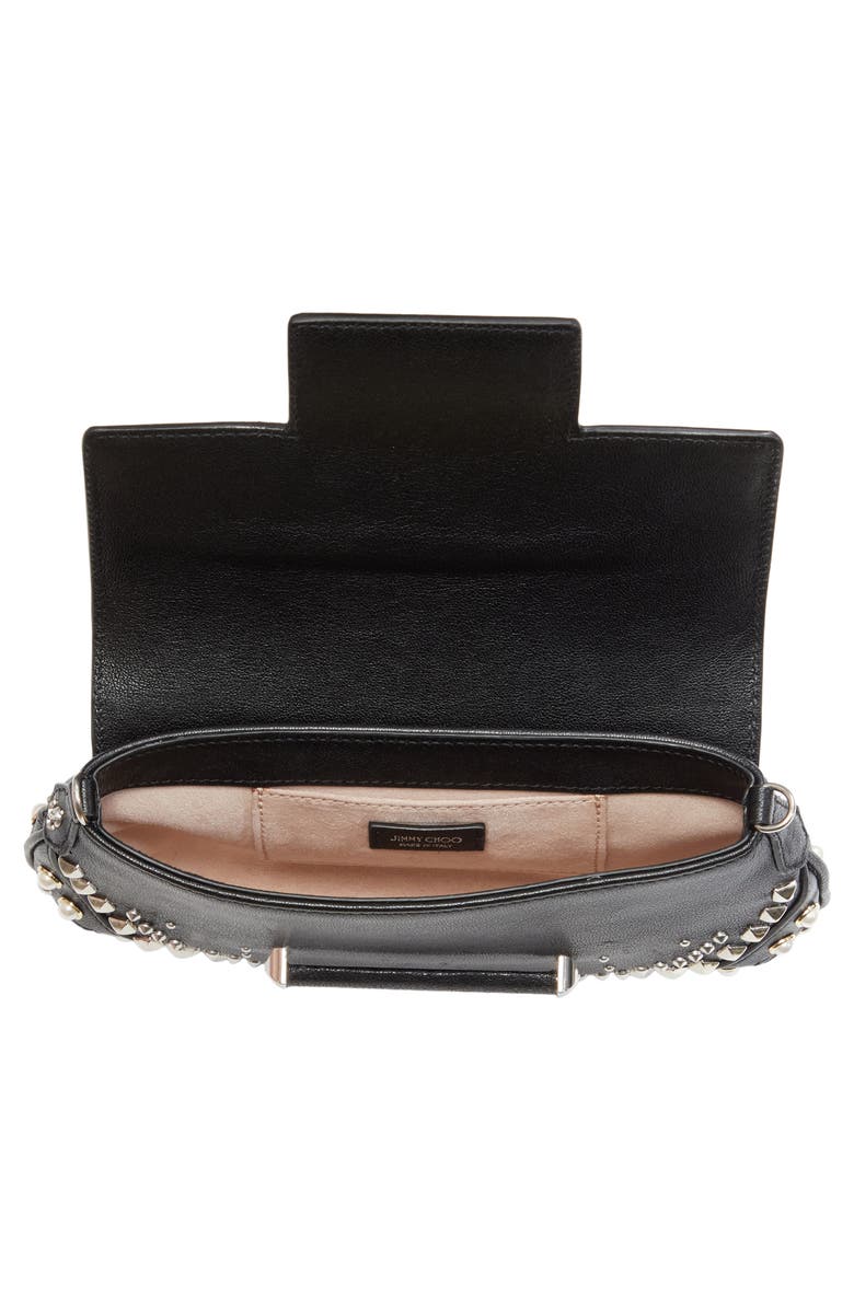 Jimmy Choo Bar Studded Leather Wallet on a Chain, Alternate, color, Black/ Ivory/ Antique Silver