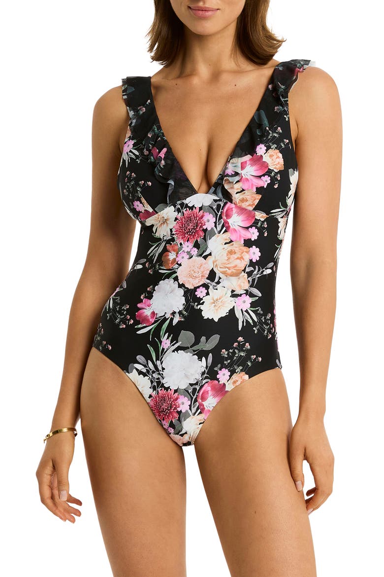 Belle Ruffle One-Piece Swimsuit, Main, color, BLACK