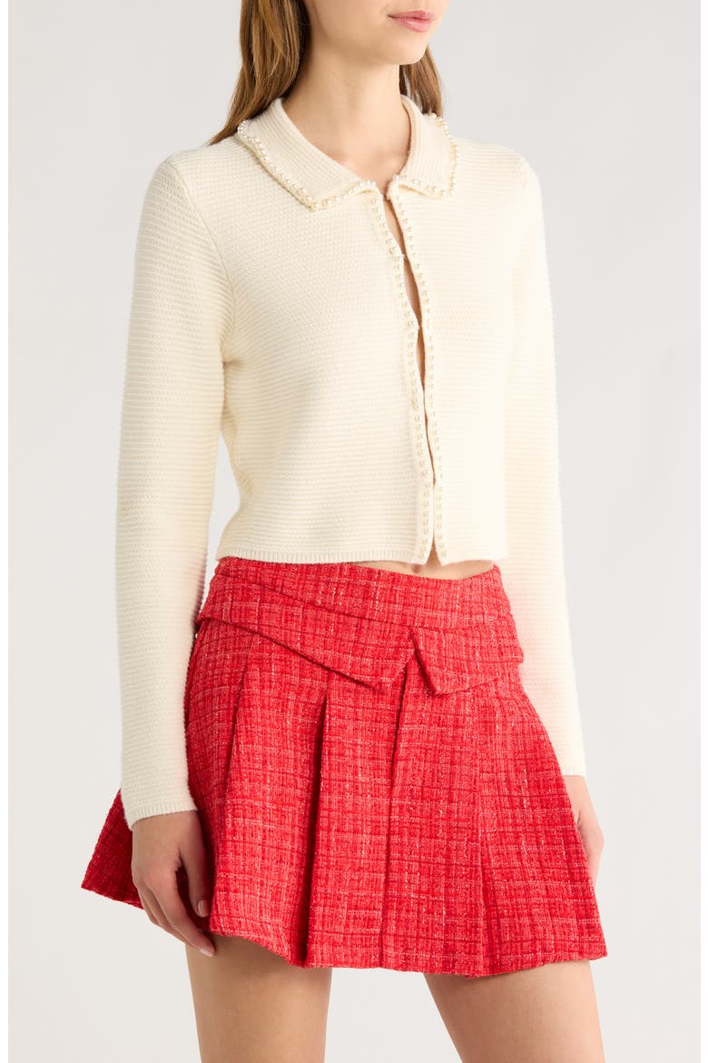 Faux Pearl Trim Collared Cardigan, Alternate, color, CREAM
