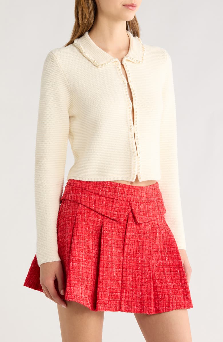 All in Favor Faux Pearl Trim Collared Cardigan, Alternate, color, Cream