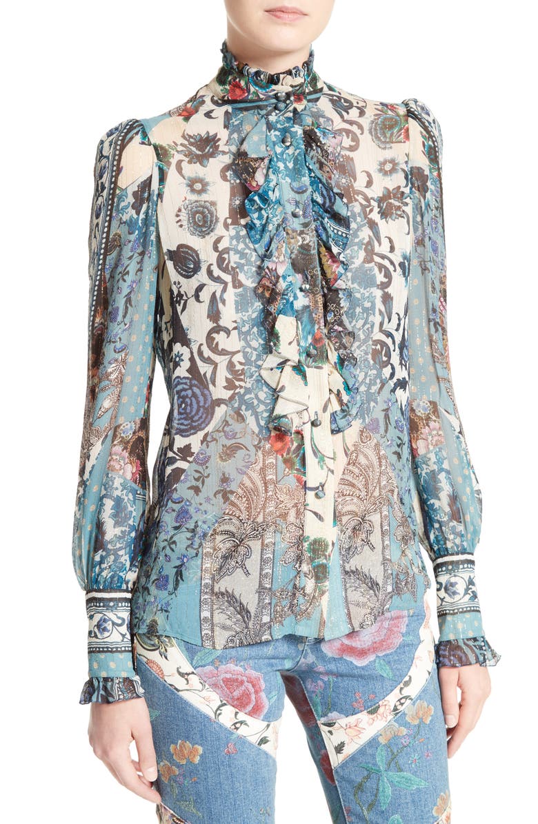 Roberto Cavalli Patchwork Print Silk Top, Alternate, color, 
