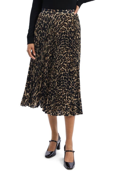 Sunburst Leopard Print Pleated Midi Skirt