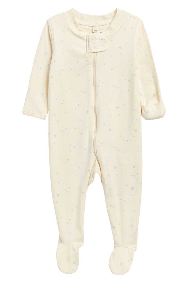 Star Print Stretch Organic Cotton Zip Footie, Main, color, IVORY