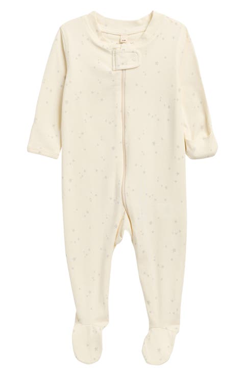 Star Print Stretch Organic Cotton Zip Footie (Baby)