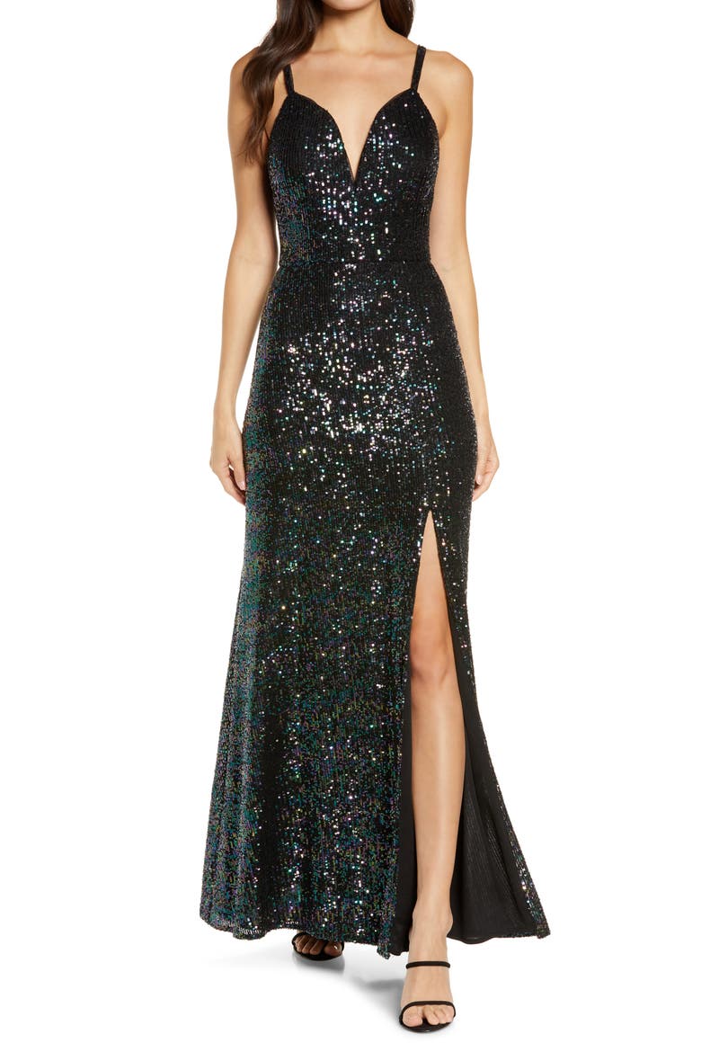 Sequin Embellished Gown, Main, color, BLACK/ MULTI