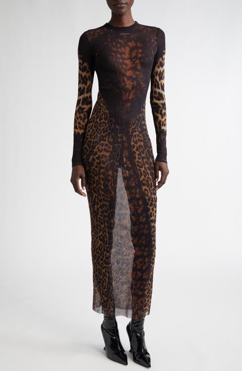Leopard Print Long Sleeve Mesh Dress