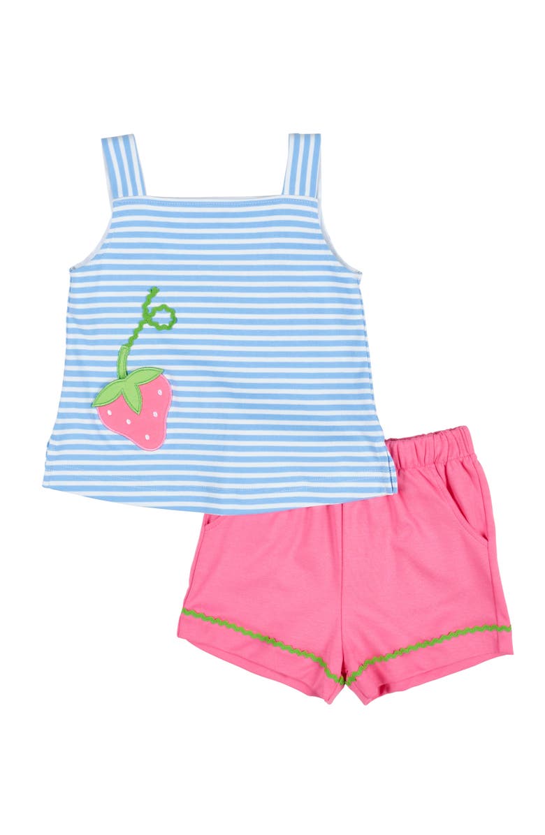 Florence Eiseman Stripe Knit Short Set With Strawberry Pocket, Main, color, Light Blue / White