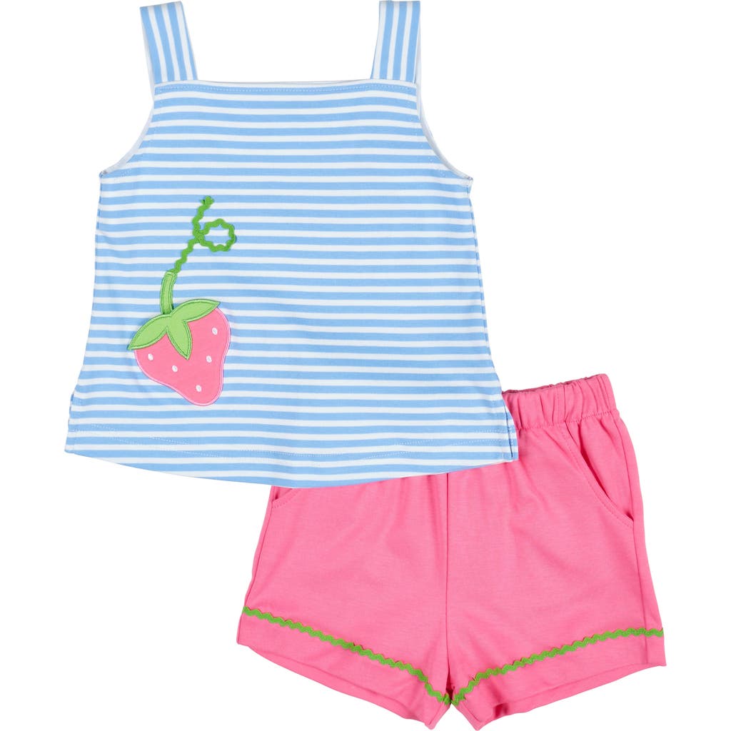 Florence Eiseman Stripe Knit Short Set With Strawberry Pocket In Blue