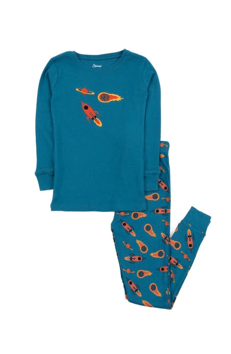 Leveret Cotton Two-Piece Printed Pajamas, Vehicles & Machines, Alternate, color, Rocket Teal Blue