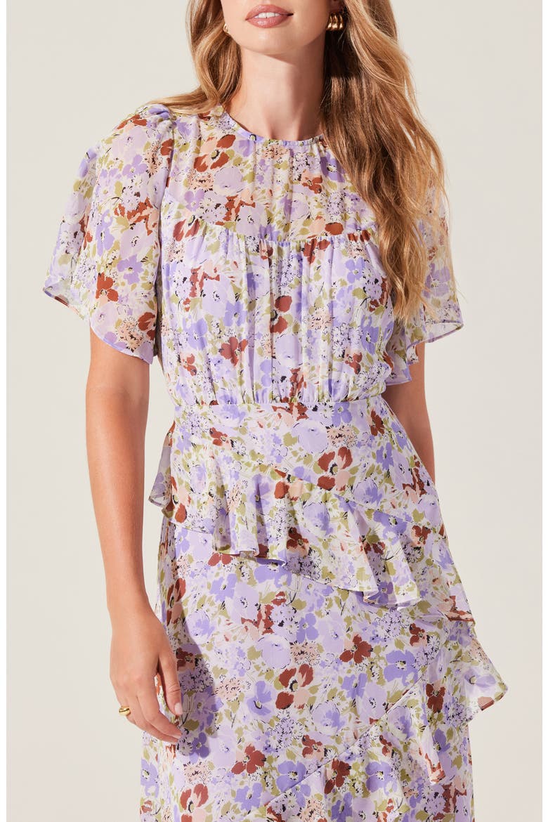 Floramae Floral Ruffle Detail Short Sleeve Midi Dress, Alternate, color, LAVENDER FLORAL