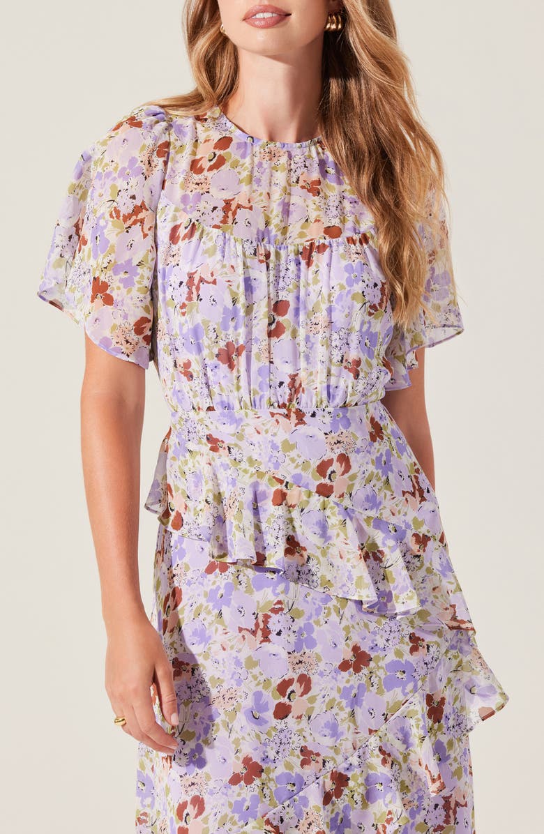 ASTR the Label Floramae Floral Ruffle Detail Short Sleeve Midi Dress, Alternate, color, Lavender Floral
