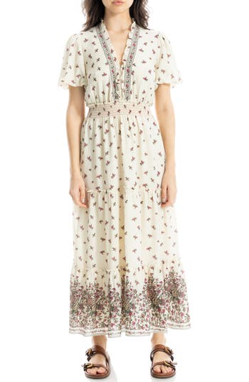 Max Studio V-neck Short Sleeve Tiered Maxi Dress In Multi