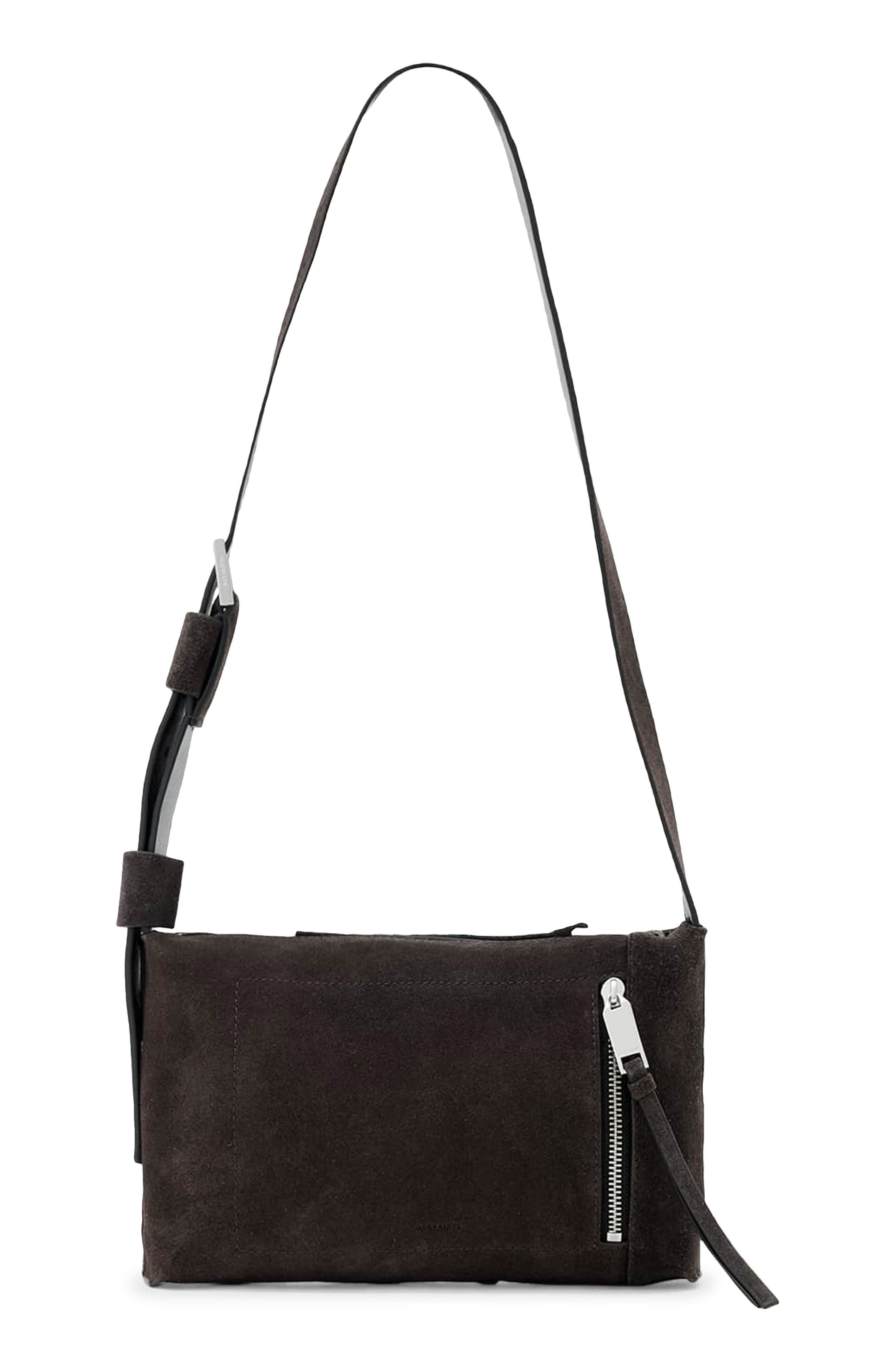AllSaints Small Alba Zip Suede Crossbody Bag, Main, color, Bitter Brown