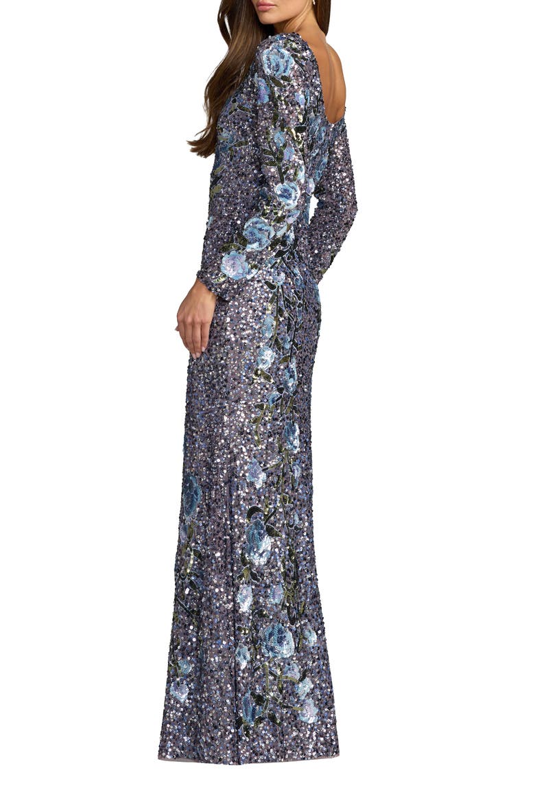 Floral Beaded Mesh Long Sleeve Square Neck Gown, Alternate, color, Hydrangea Multi