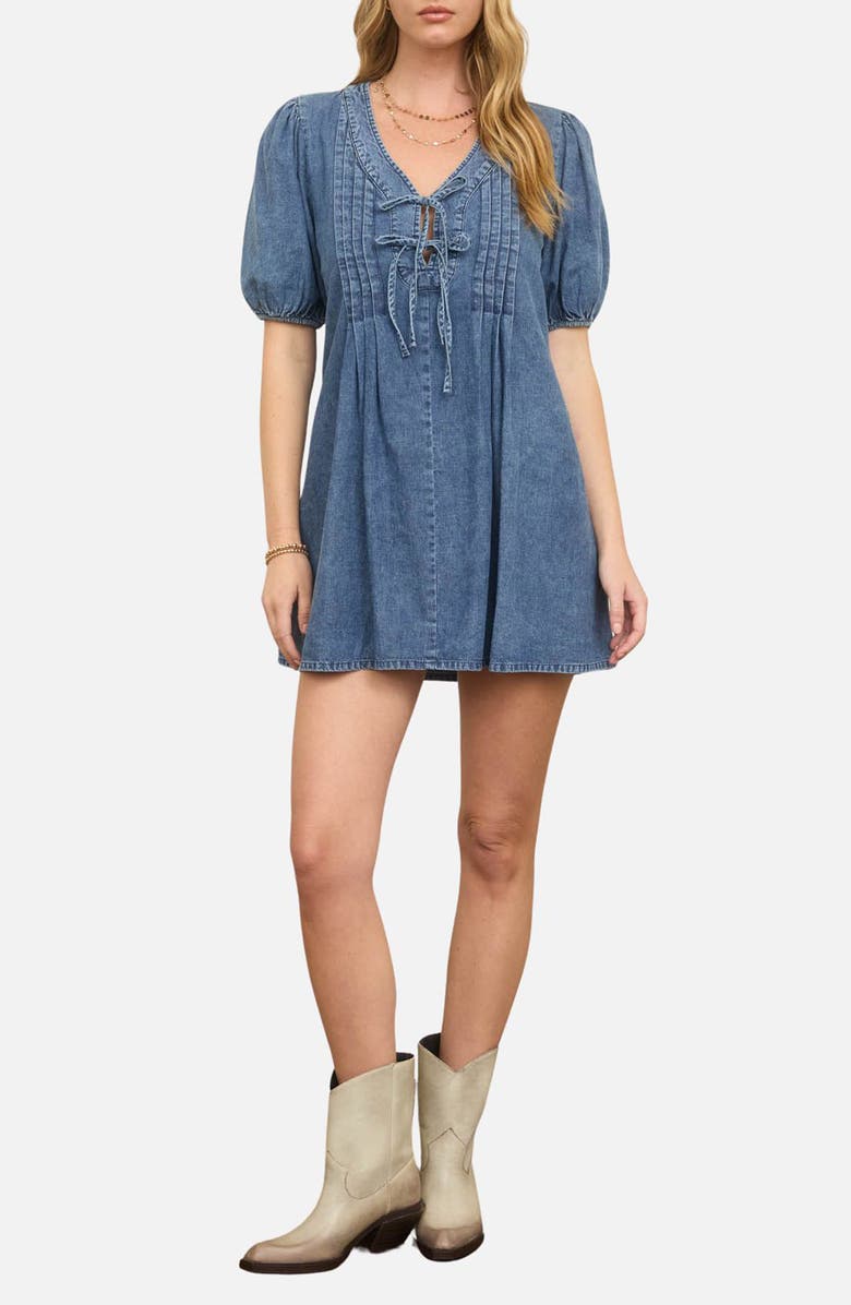 Blu Pepper Front Tie Puff Sleeve Minidress, Main, color, Denim