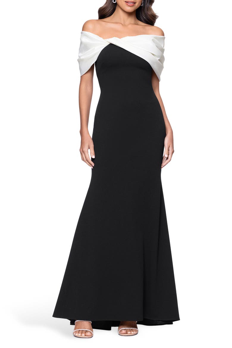 Off the Shoulder Crepe & Taffeta Sheath Gown, Main, color, BLACK/ WHITE