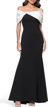 Betsy & Adam Off the Shoulder Crepe & Taffeta Sheath Gown