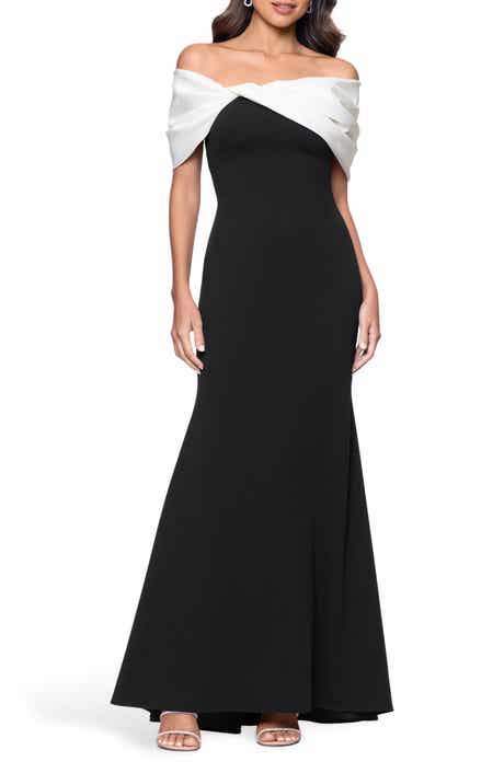 Off the Shoulder Crepe & Taffeta Sheath Gown