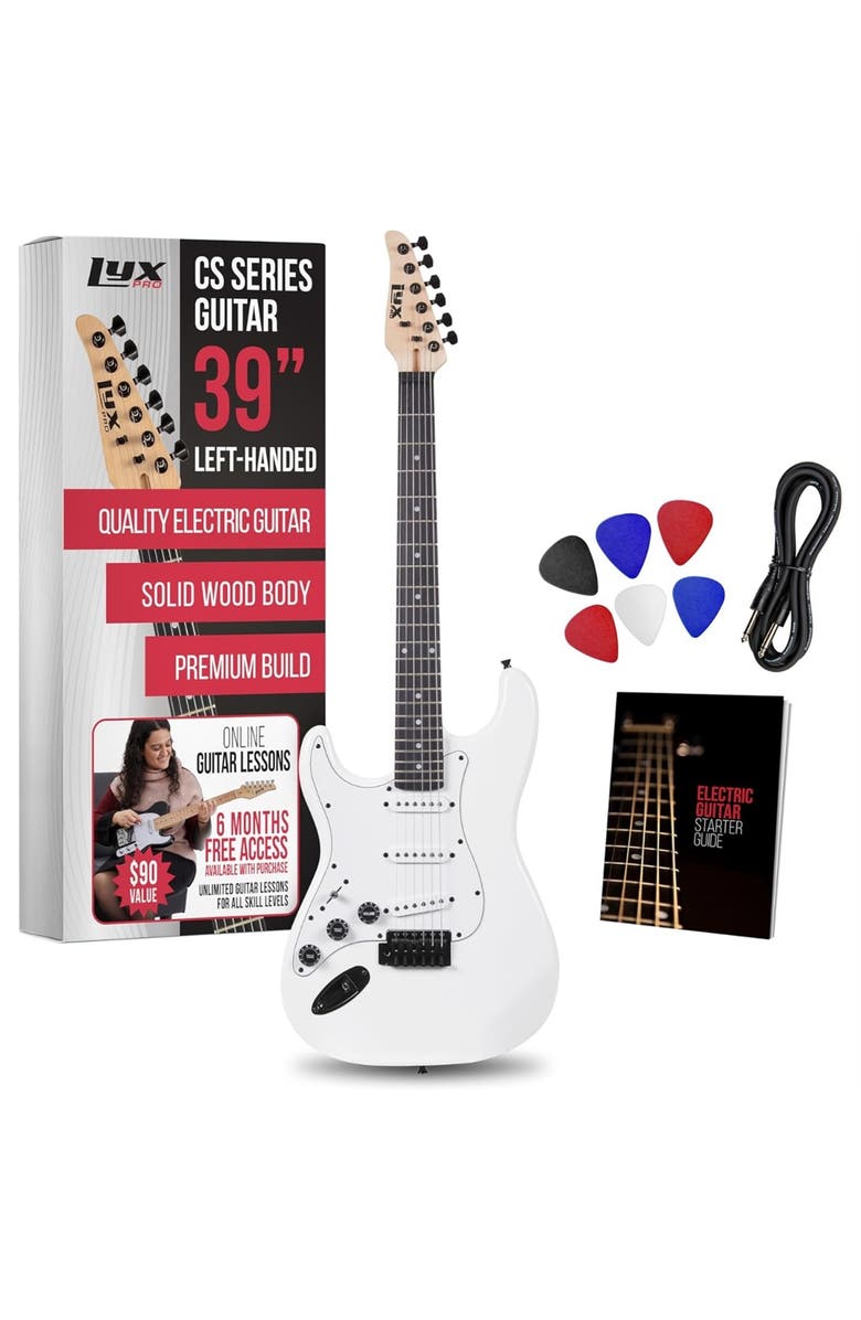 Lyxpro CS 39 Left Hand Electric Guitar Kit for Beginner with Amp Cable, 6 Picks & Guide, Main, color, White